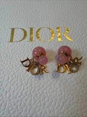 Authentic New Dior Pink and Gold Bead Logo Charm Earrings